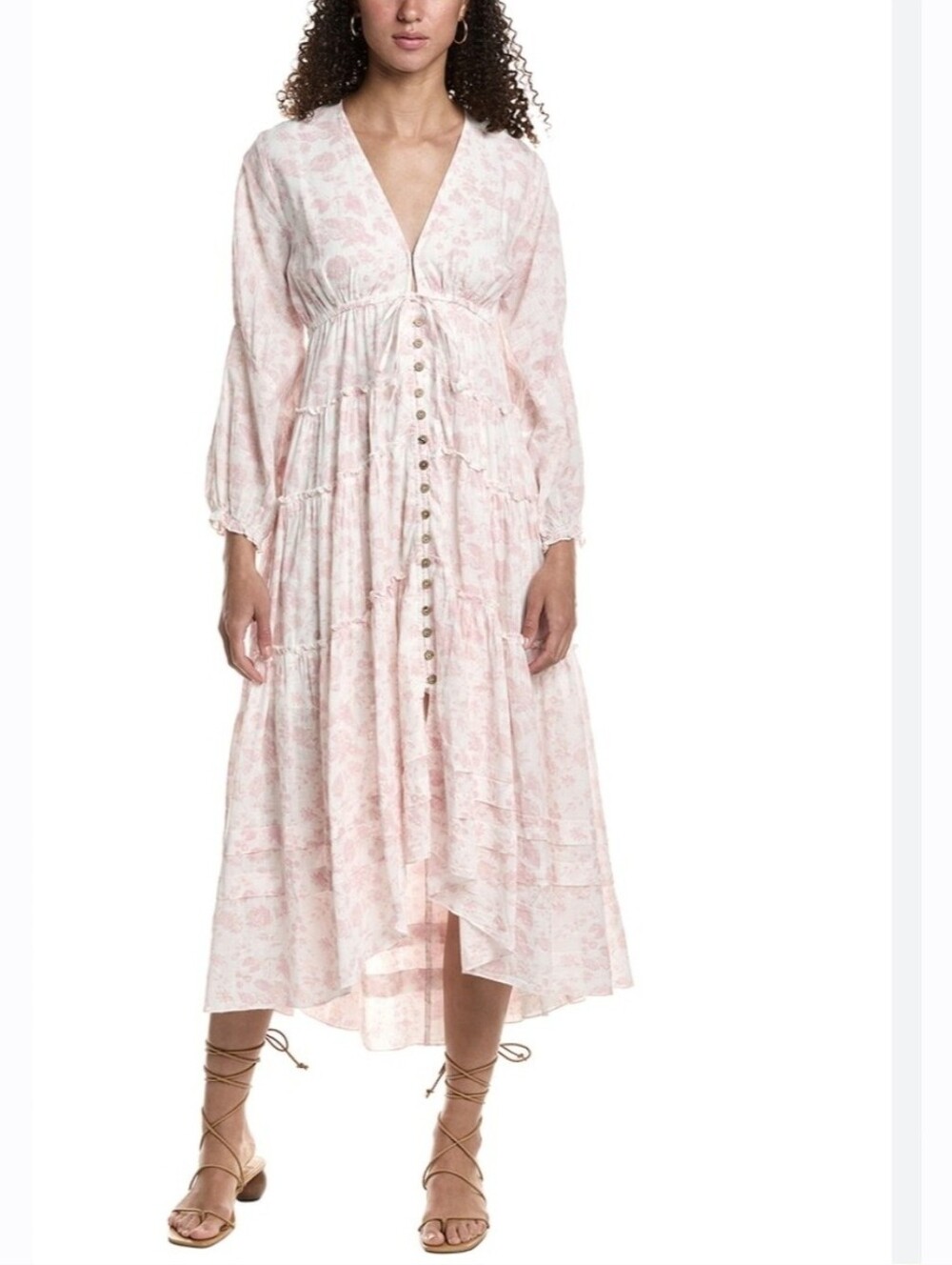Light Pink Floral Tie-Front Midi Dress Free People Pappiet Floral Print Tiered M
